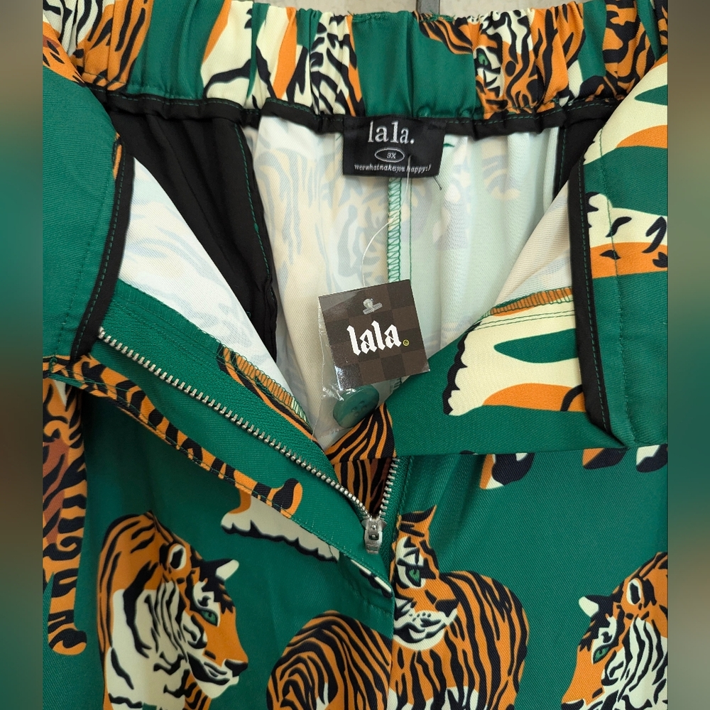New Lala. 3x Green Tiger Print Wide Leg Pants - Picture 2 of 5